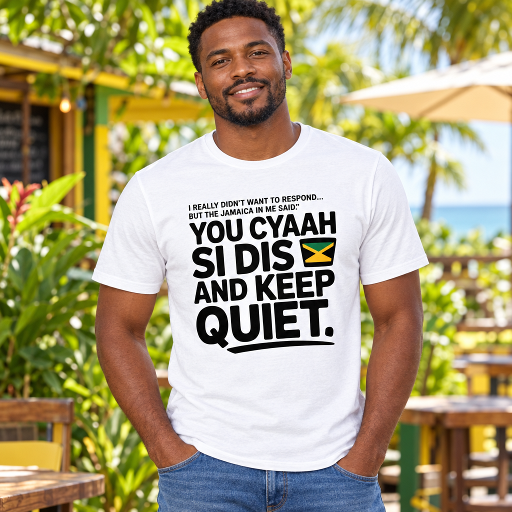 Male model wearing the white Jamaica statement shirt