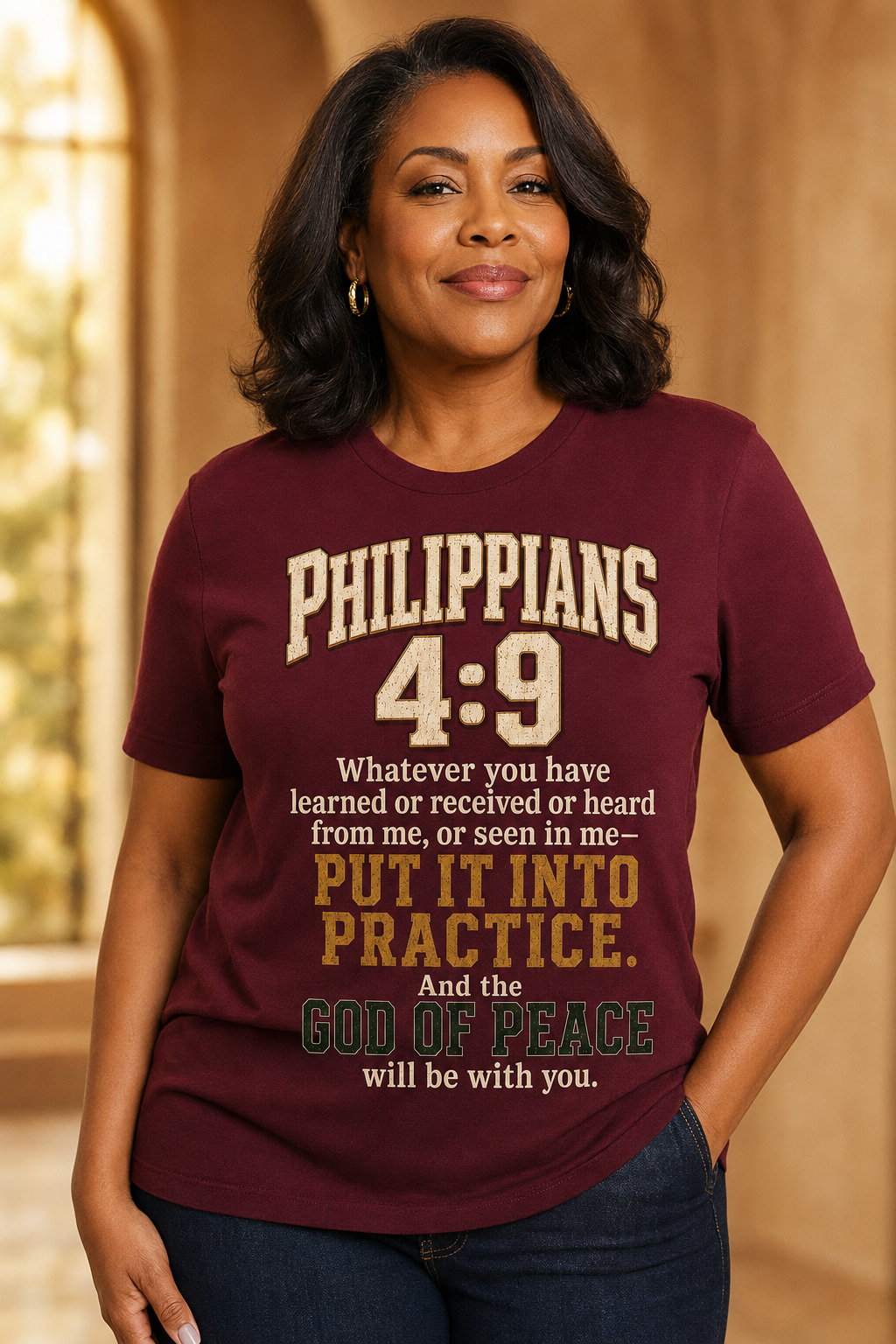 A woman wearing a maroon short-sleeve graphic T-shirt with a Bible verse printed in cream, gold, and green text on the front, paired with dark blue jeans, set against a warm, softly blurred indoor background.