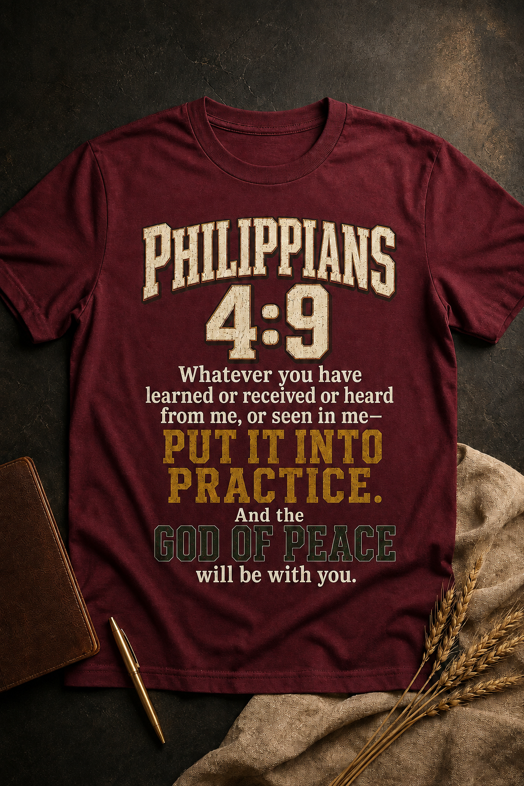 A maroon short-sleeve graphic T-shirt laid flat on a dark textured surface, with cream and gold text reading 'PHILIPPIANS 4:9' and a Bible verse below. Decorative props include a brown notebook, pen, and wheat stalks.