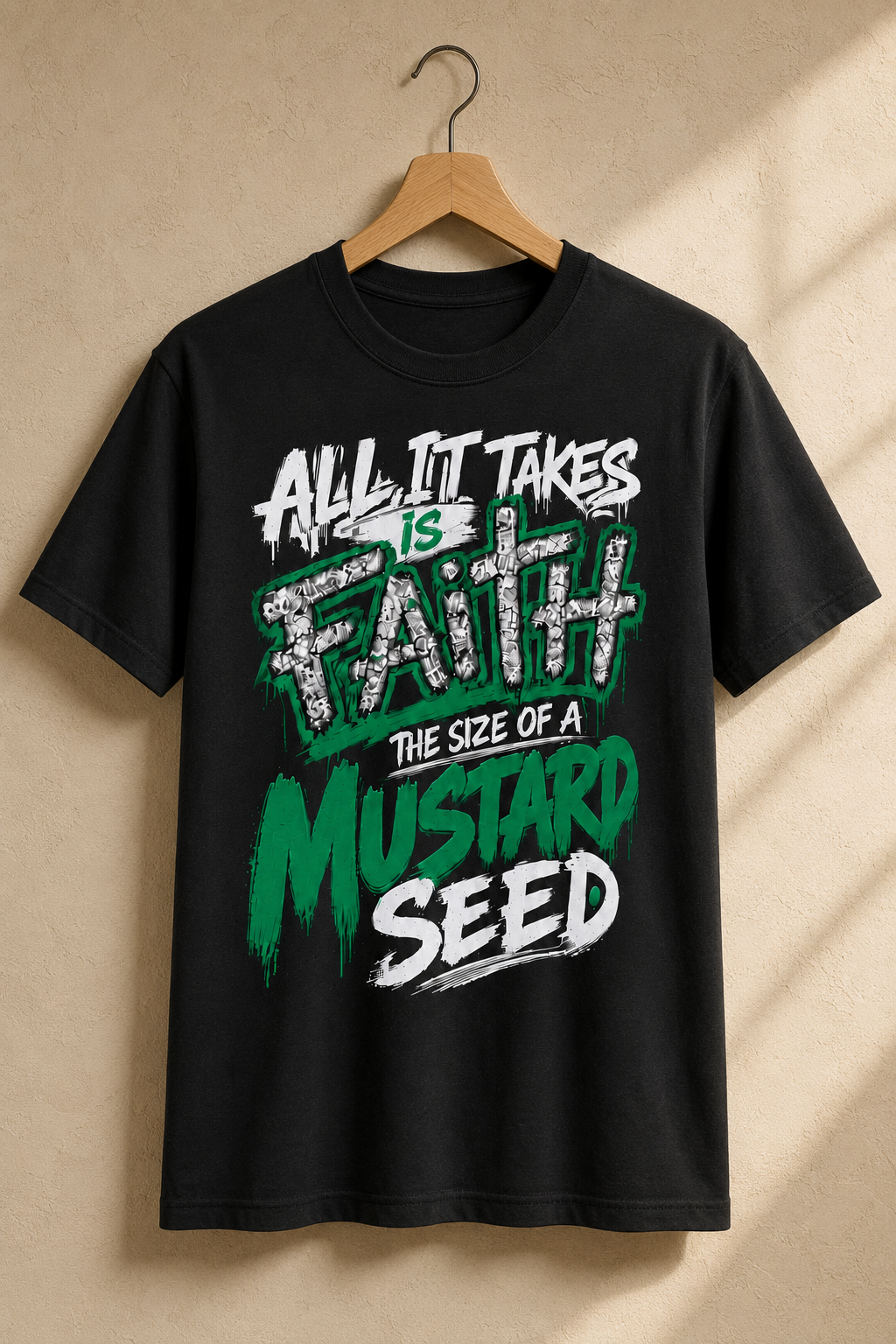 black shirt with white and green text all it takes is faith the size of a mustard seed 