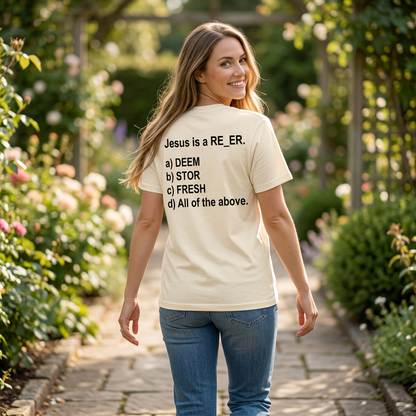 Female back-view Pop Quiz shirt lifestyle mockup in soft cream