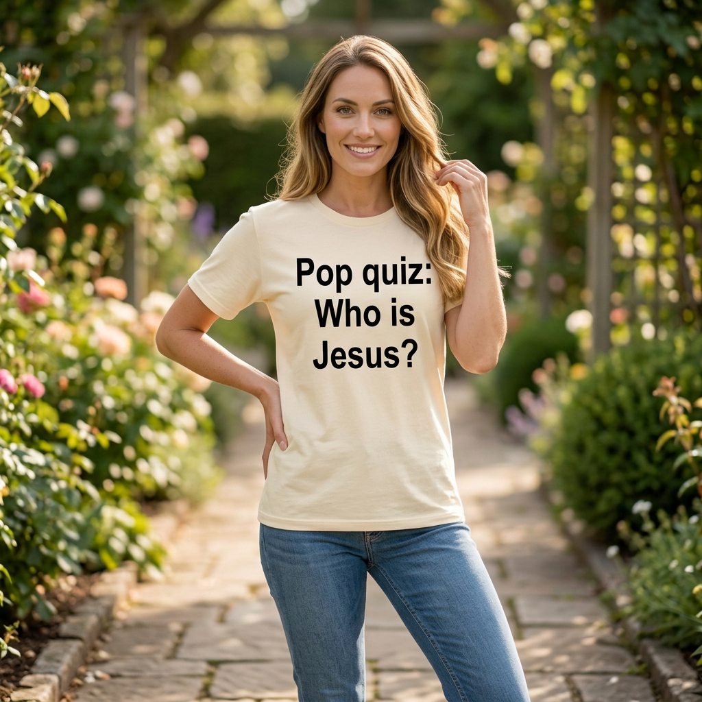 Female front-view Pop Quiz shirt lifestyle mockup in soft cream