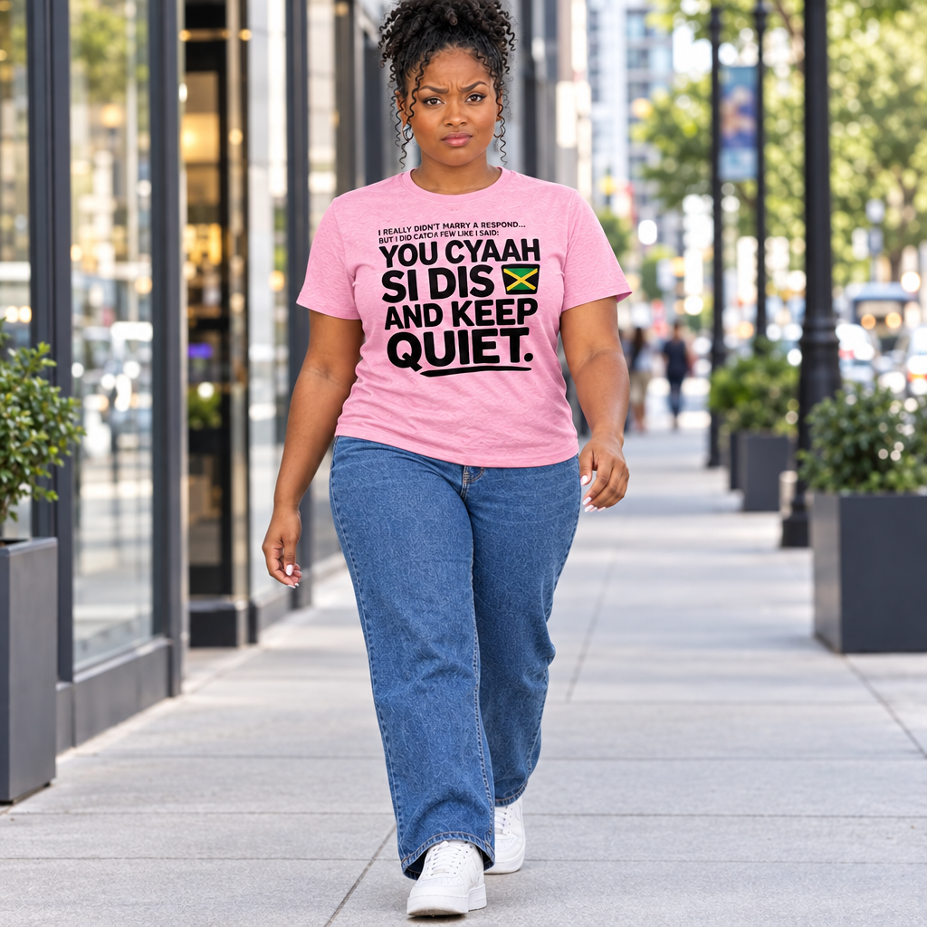 Female model walking in the pink Jamaica shirt against a modern city background