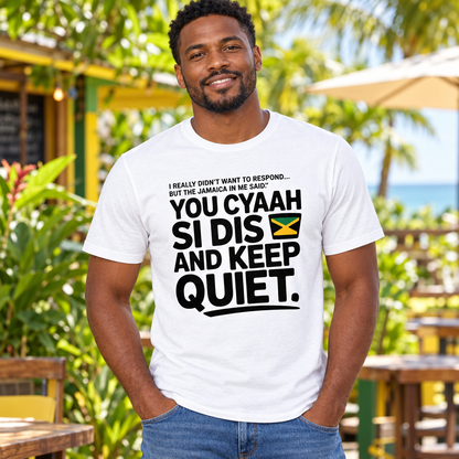 Male model wearing the white Jamaica statement shirt