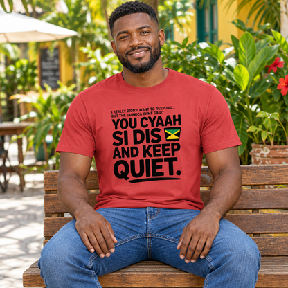 Seated male model wearing the red Jamaica statement shirt