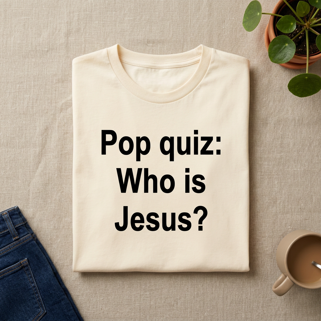 Soft cream folded Pop Quiz T-shirt front lifestyle mockup