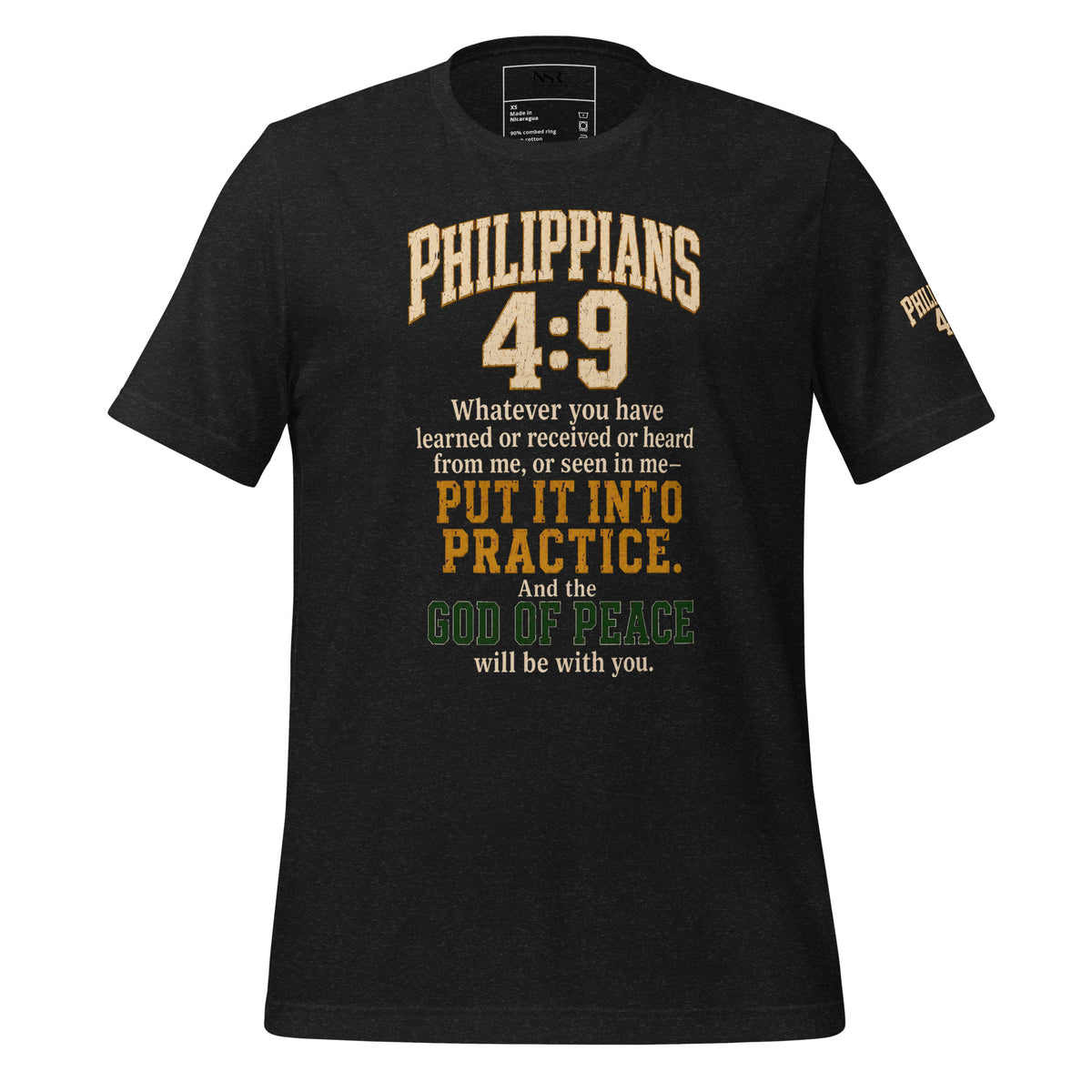 A navy blue short-sleeve t-shirt with a printed Bible verse from Philippians 4:9 on the front. The text features 'PHILIPPIANS 4:9' in a large beige font, followed by smaller white and orange text, and 'GOD OF PEACE' highlighted in green.