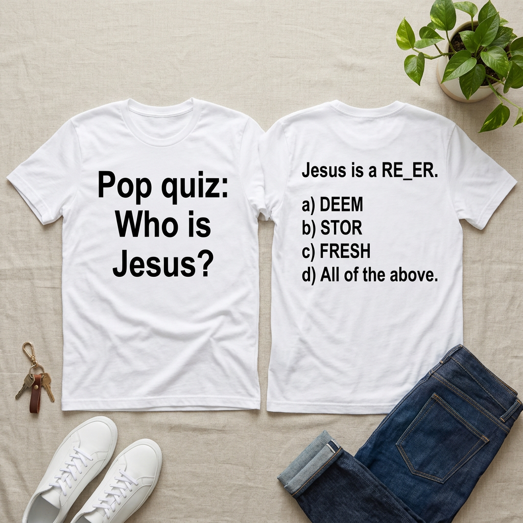 White Pop Quiz T-shirt flat-lay lifestyle mockup
