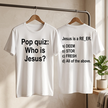 White Pop Quiz T-shirts hanging lifestyle mockup